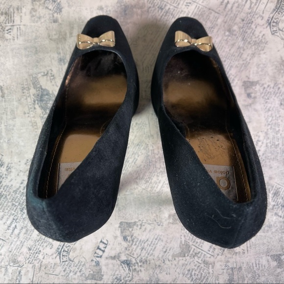 Dolce Vita Black Suede Pumps with Gold Bow Platforms - Picture 6 of 12